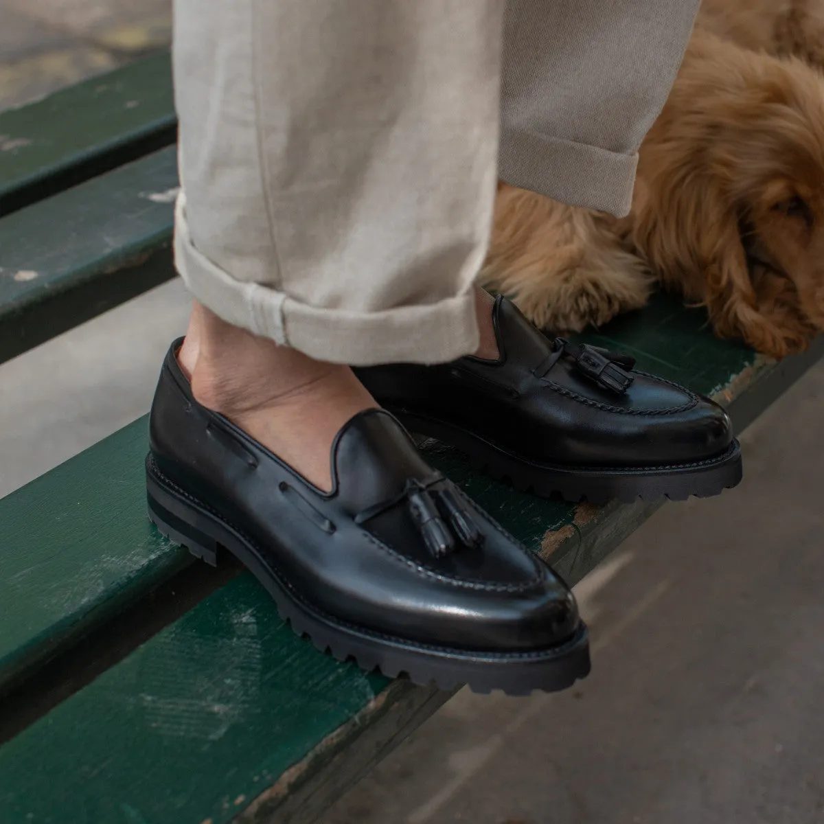 Black Leather Belize Chunky Tassel Loafers - With Track Soles - AW22