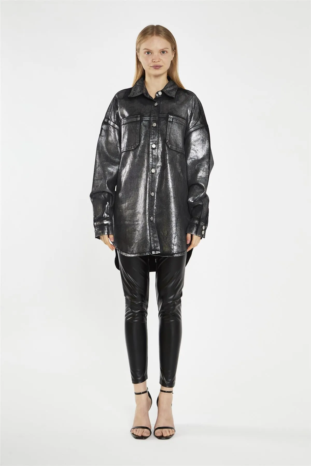 Black-Silver Foil Denim Oversized-Shirt
