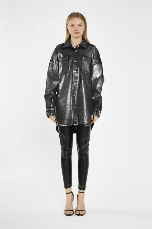 Black-Silver Foil Denim Oversized-Shirt
