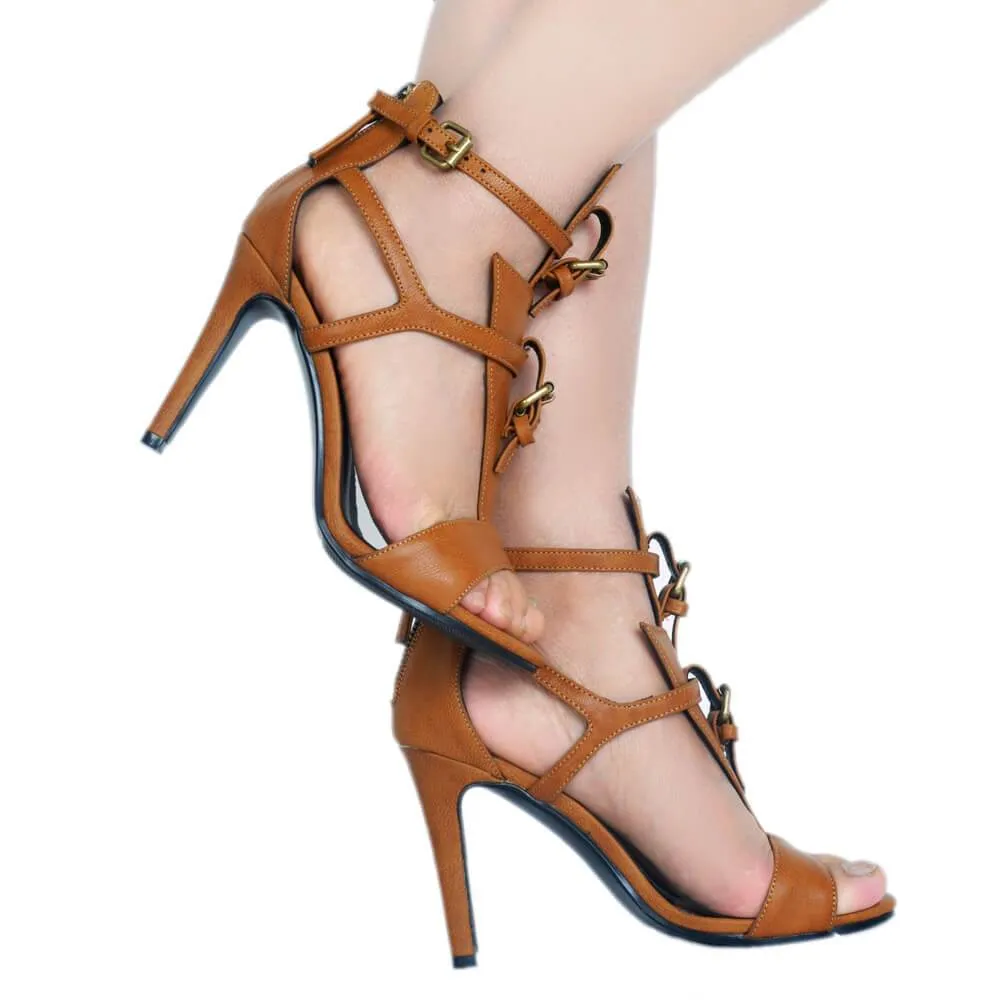 Brown PU Open Toe Buckle High Heel Sandals