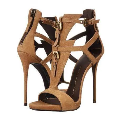Brown PU Open Toe Buckle High Heel Sandals