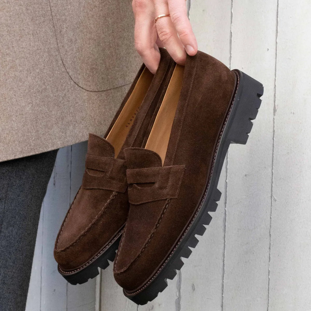 Brown Suede Belize Chunky Penny Loafers - With Track Soles - AW24