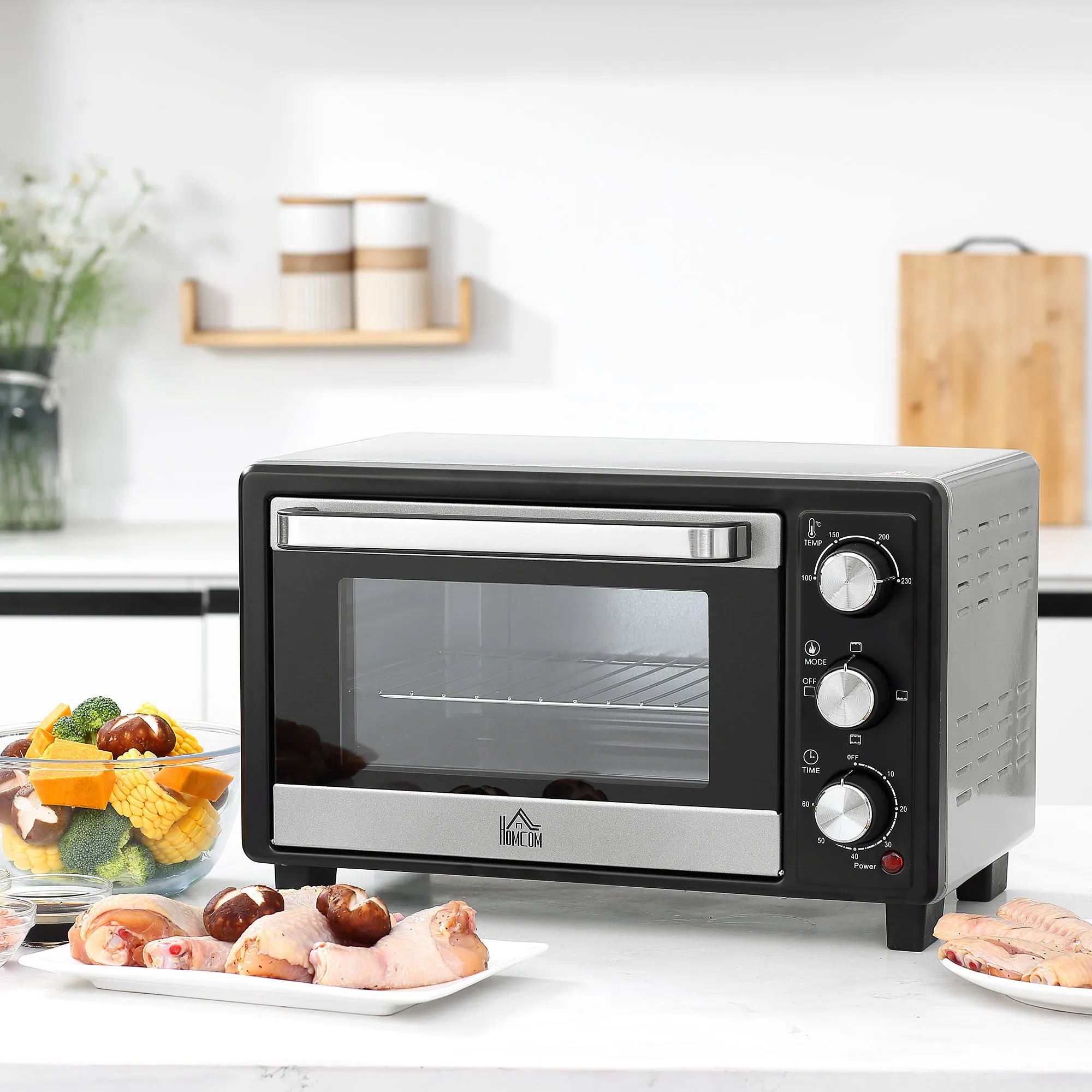 Convection Mini Oven 16L Countertop Electric Grill Toaster Oven with Adjustable Temperature 60 Min Timer Crumb Tray Wire Rack 1400W