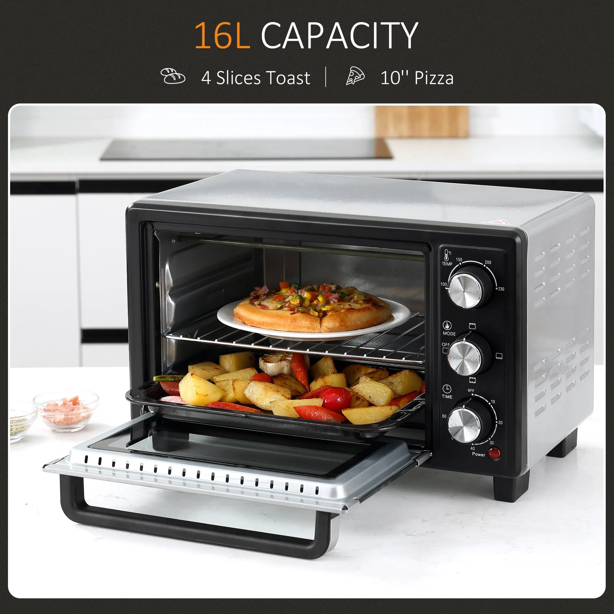 Convection Mini Oven 16L Countertop Electric Grill Toaster Oven with Adjustable Temperature 60 Min Timer Crumb Tray Wire Rack 1400W
