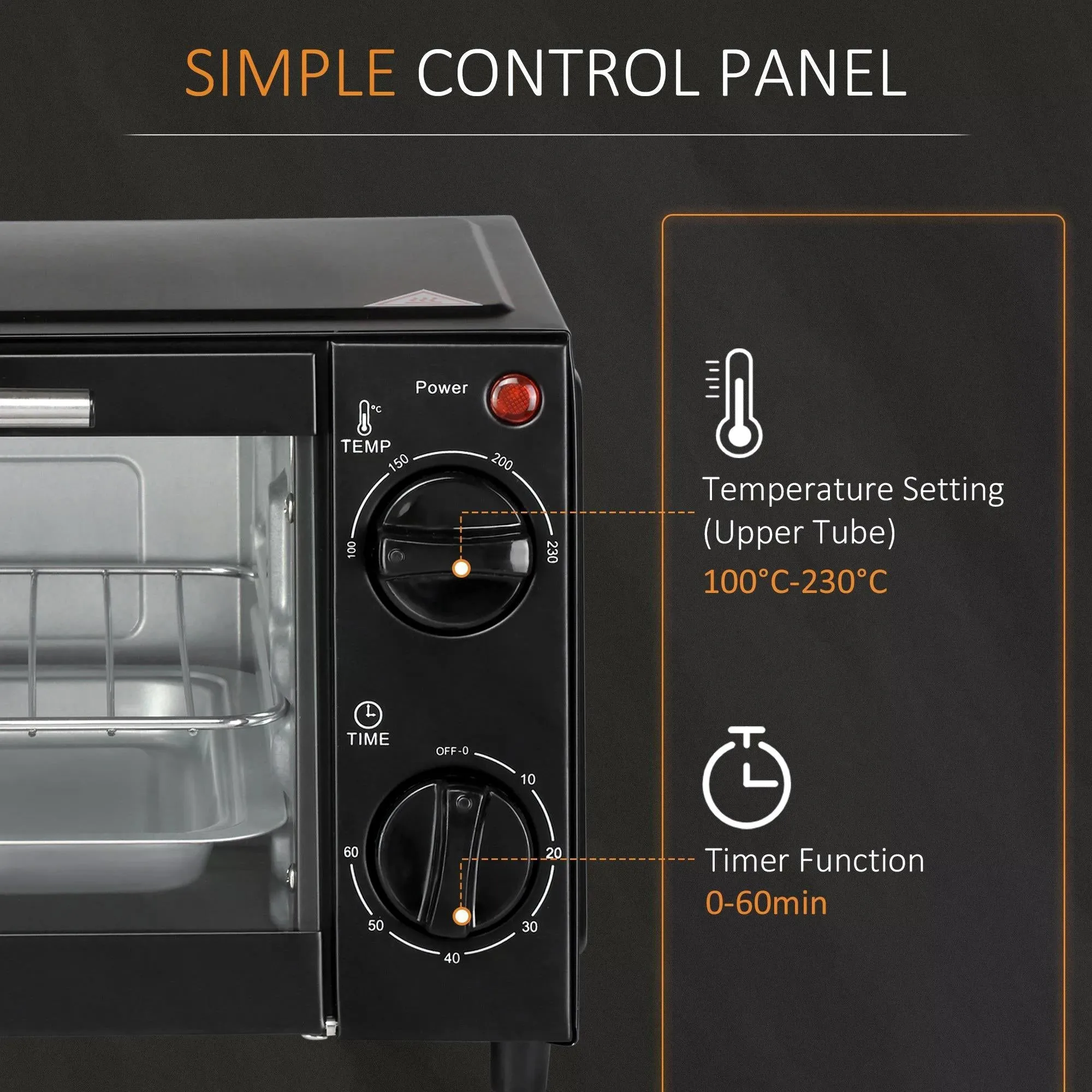 Convection Mini Oven 9L Countertop Electric Grill Toaster Oven with Adjustable Temperature Timer Baking Tray and Wire Rack 750W