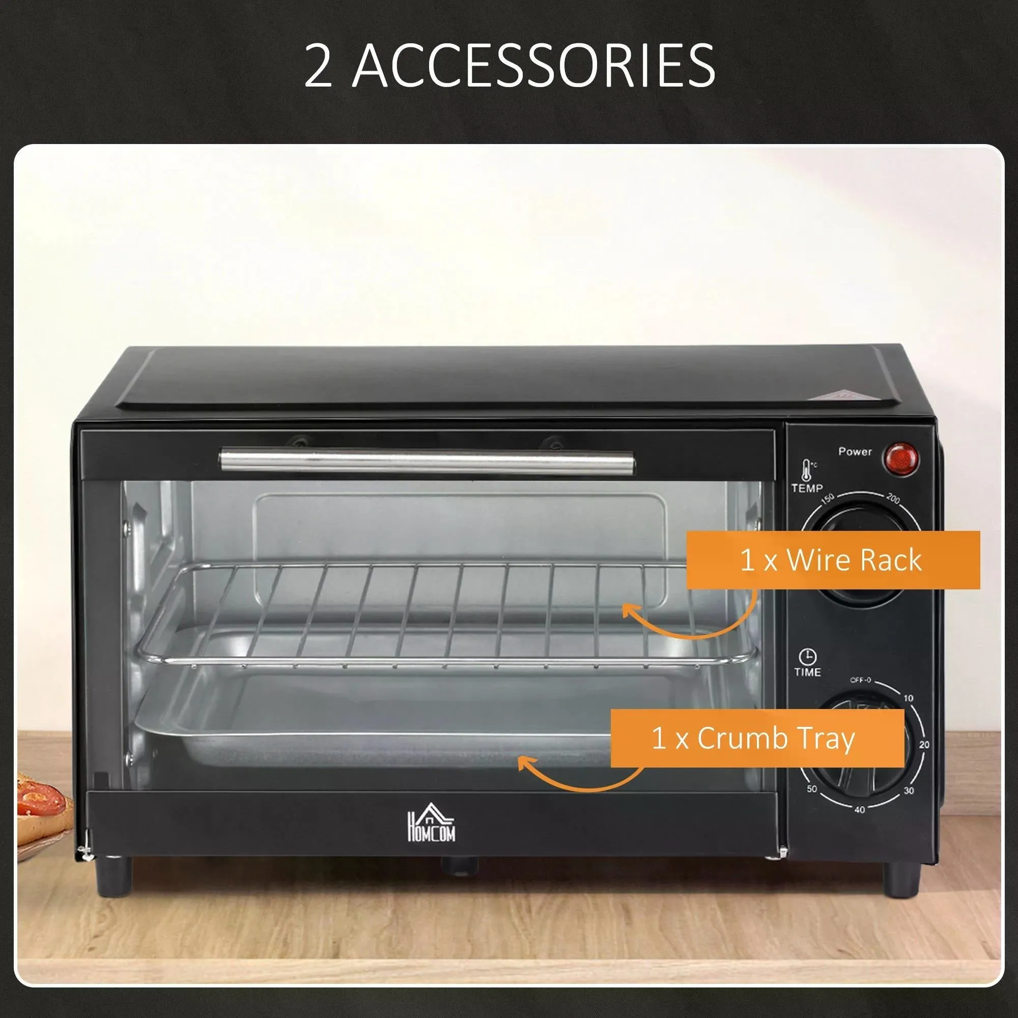 Convection Mini Oven 9L Countertop Electric Grill Toaster Oven with Adjustable Temperature Timer Baking Tray and Wire Rack 750W