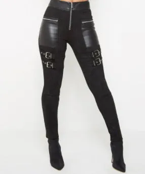 Fashion Black Leather Zipper Pants