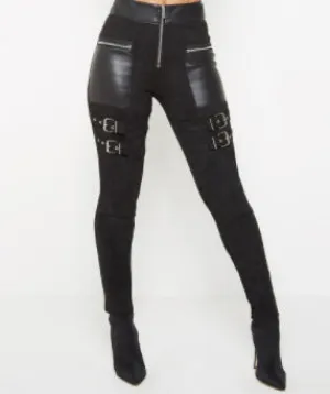 Fashion Black Leather Zipper Pants