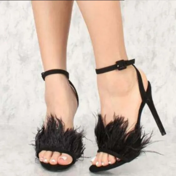 Fur Lace Up Stiletto Heel Sandals