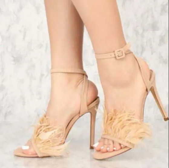 Fur Lace Up Stiletto Heel Sandals