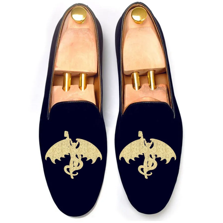 Height Increasing Blue Velvet Gargoyle With Beer Embroidered Loafers