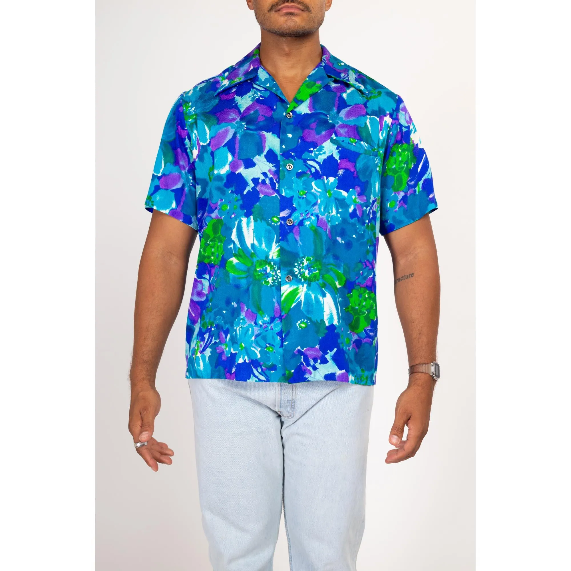 Large 70s Hawaiian Blue Floral Aloha Shirt