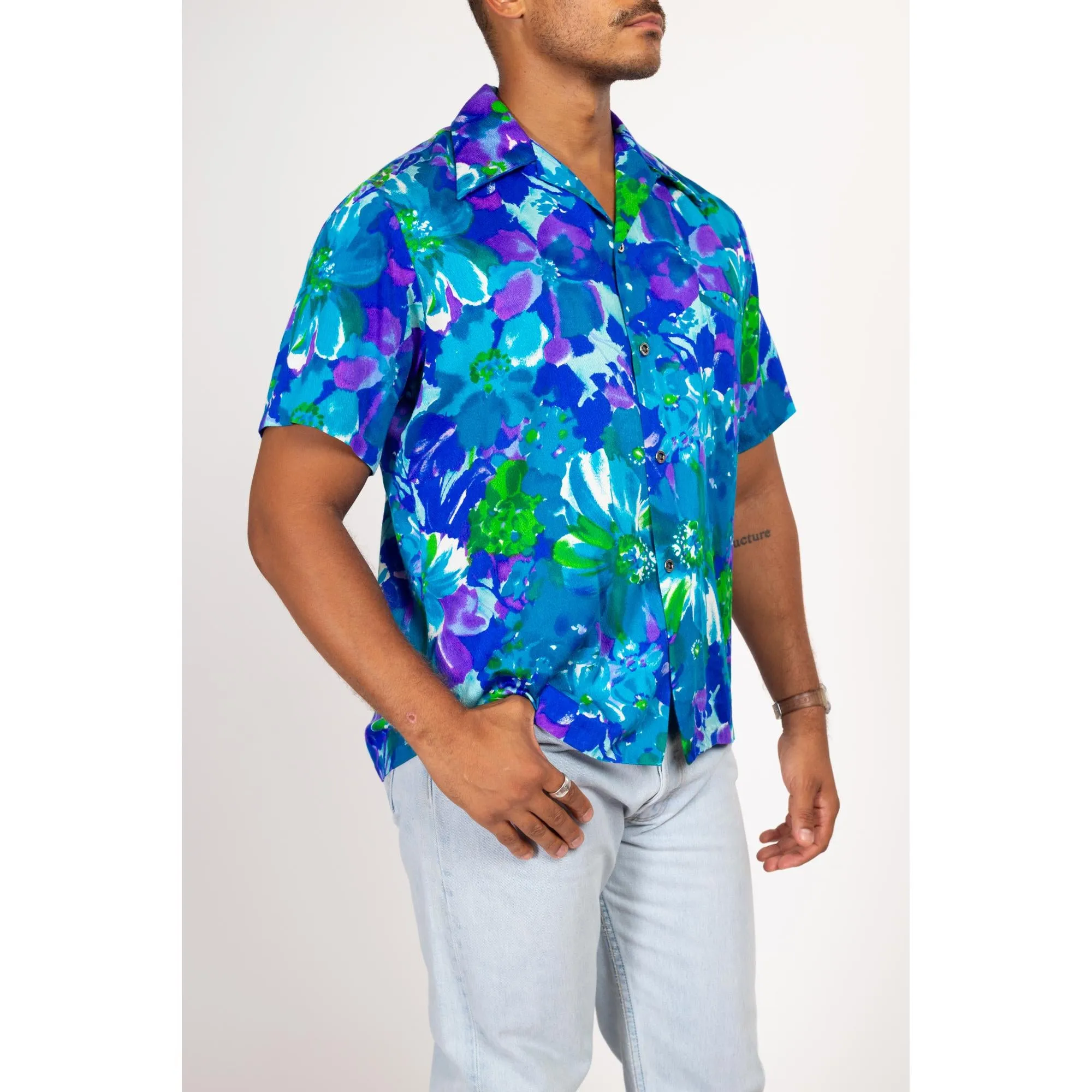Large 70s Hawaiian Blue Floral Aloha Shirt