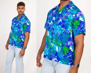 Large 70s Hawaiian Blue Floral Aloha Shirt