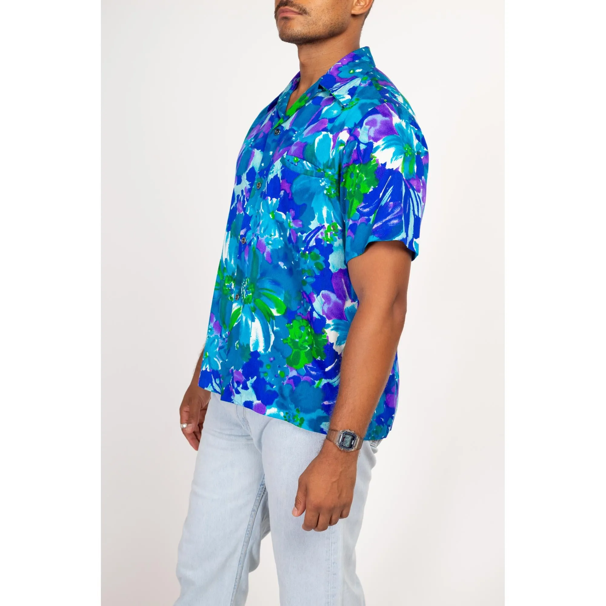 Large 70s Hawaiian Blue Floral Aloha Shirt