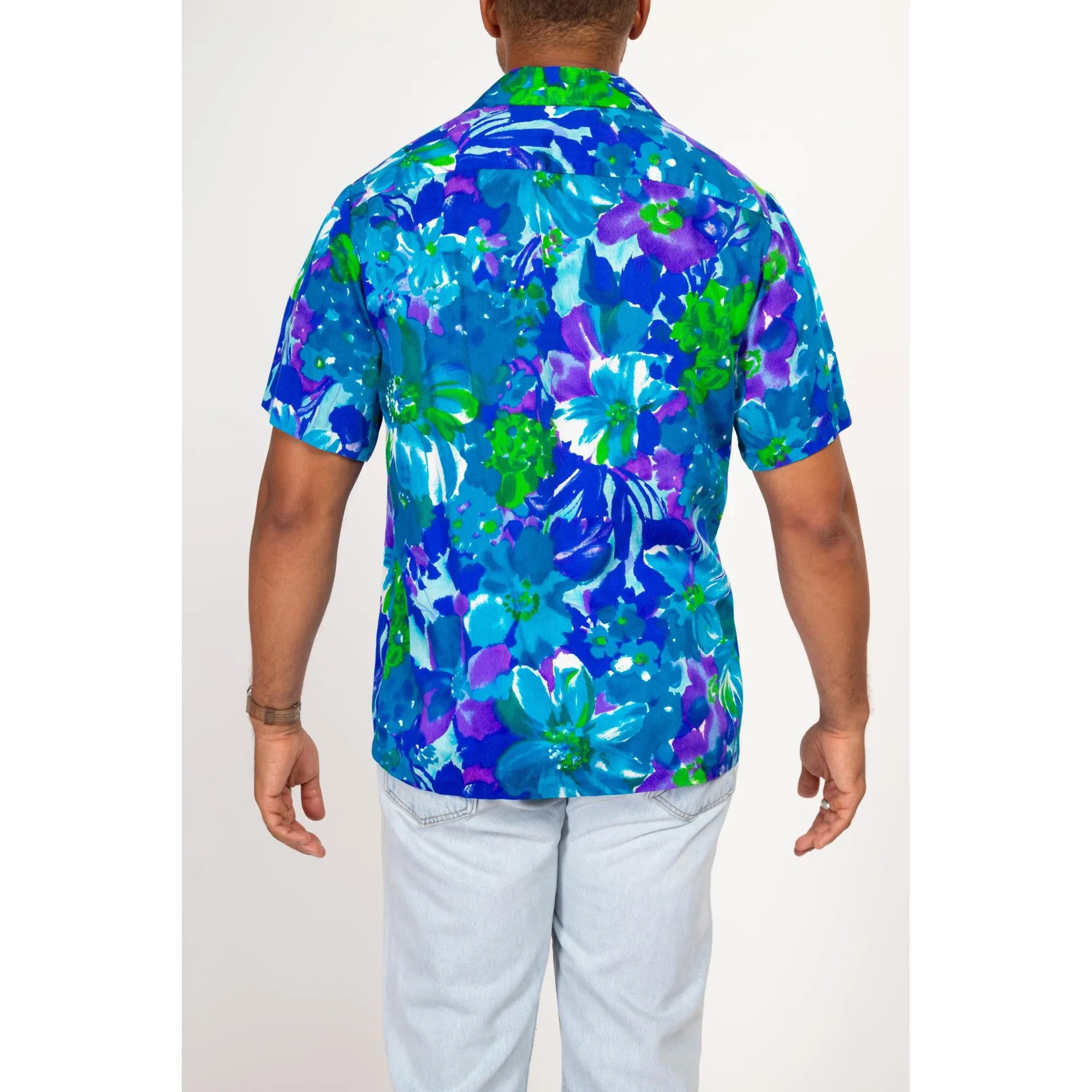 Large 70s Hawaiian Blue Floral Aloha Shirt
