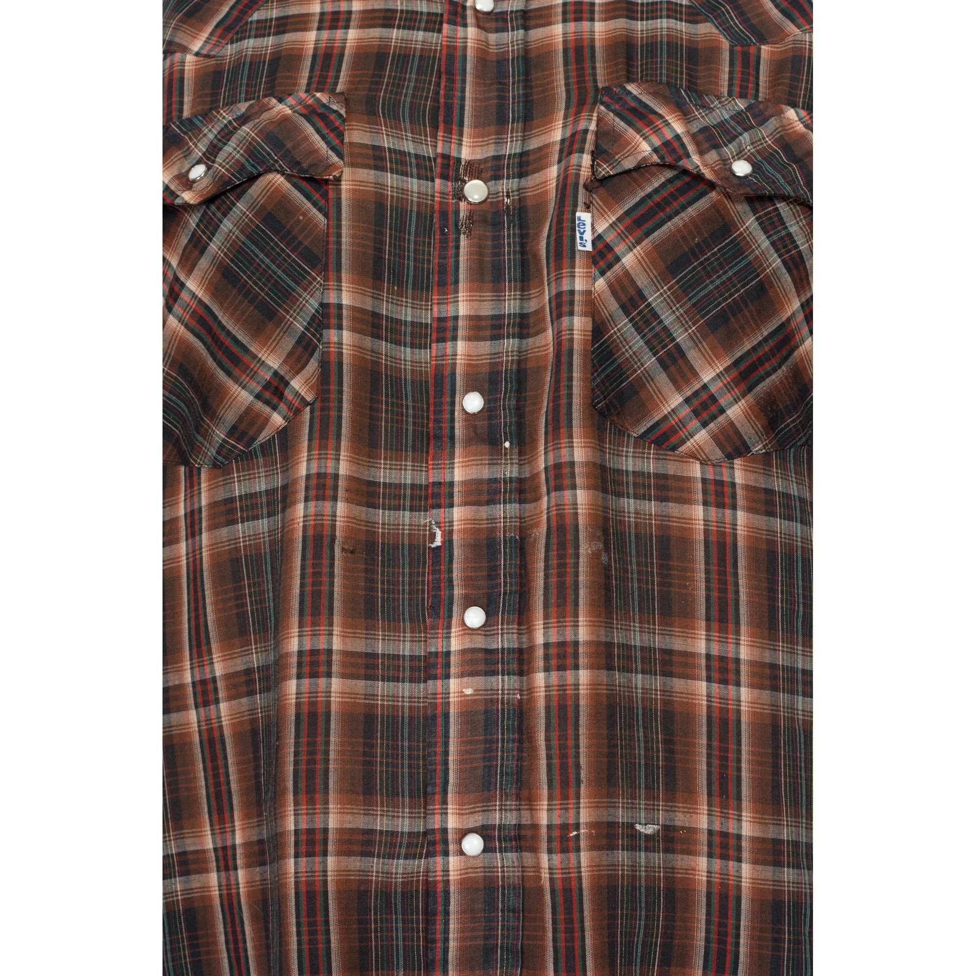 Large 70s Levi's Brown Plaid Pearl Snap Distressed Western Shirt