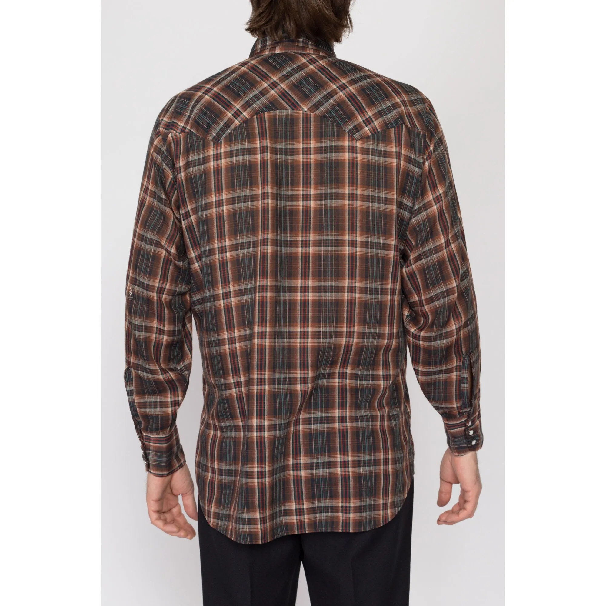 Large 70s Levi's Brown Plaid Pearl Snap Distressed Western Shirt