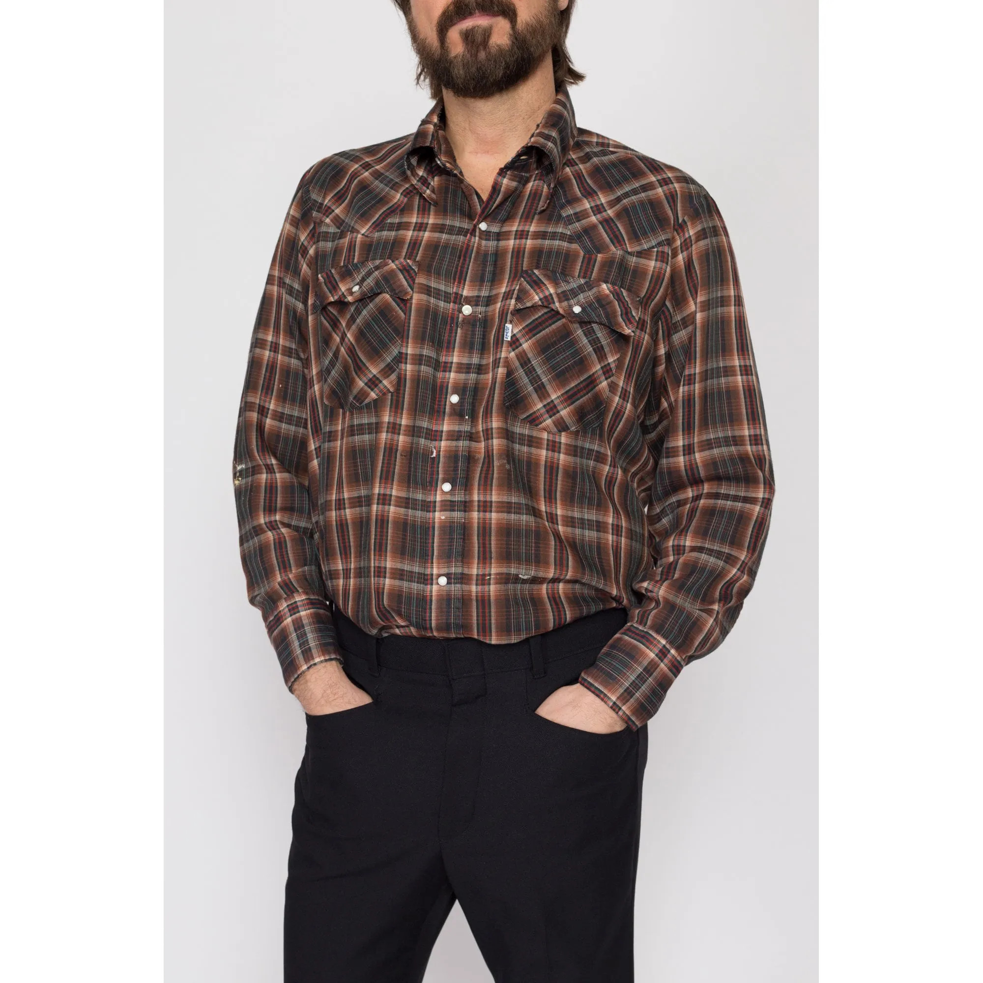 Large 70s Levi's Brown Plaid Pearl Snap Distressed Western Shirt