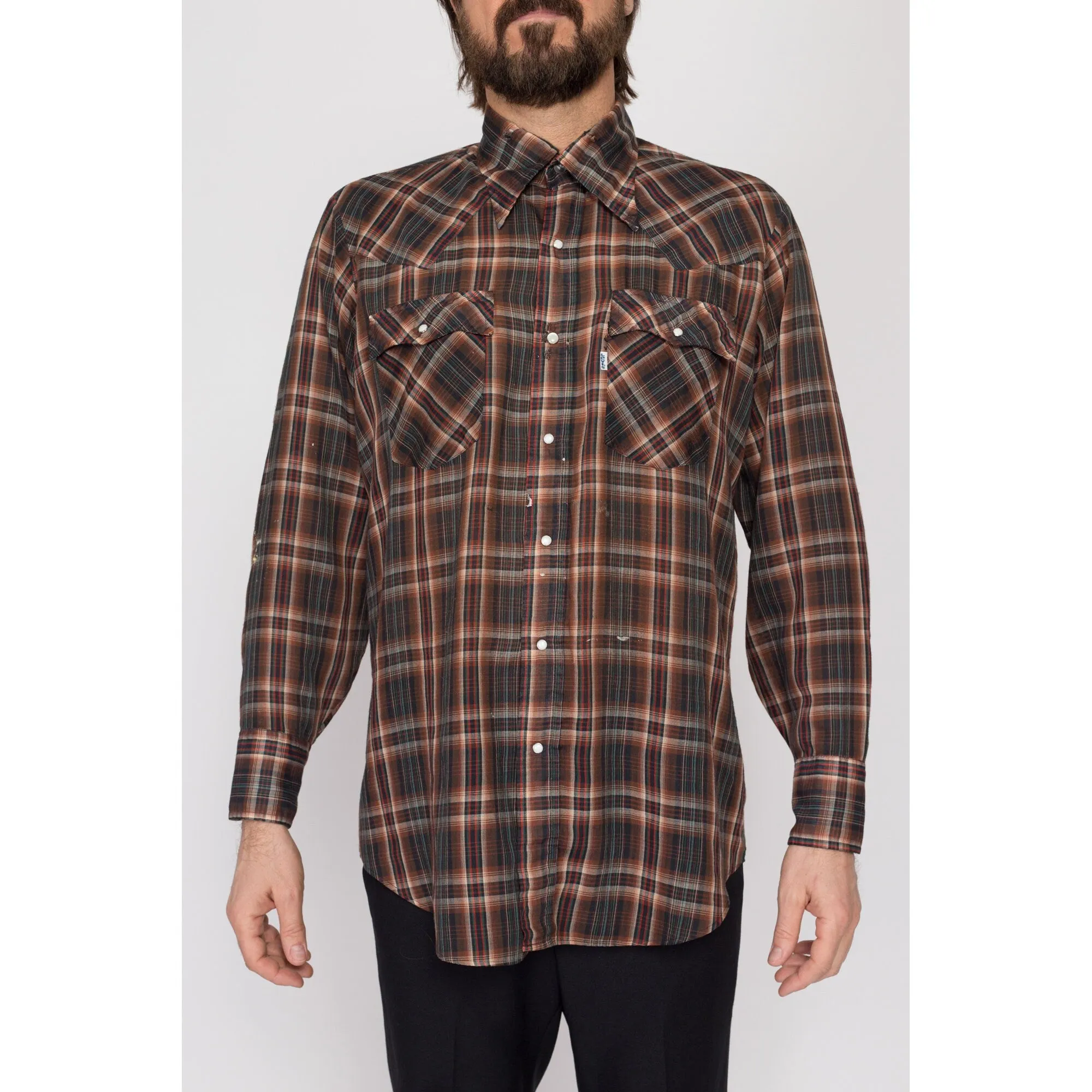 Large 70s Levi's Brown Plaid Pearl Snap Distressed Western Shirt
