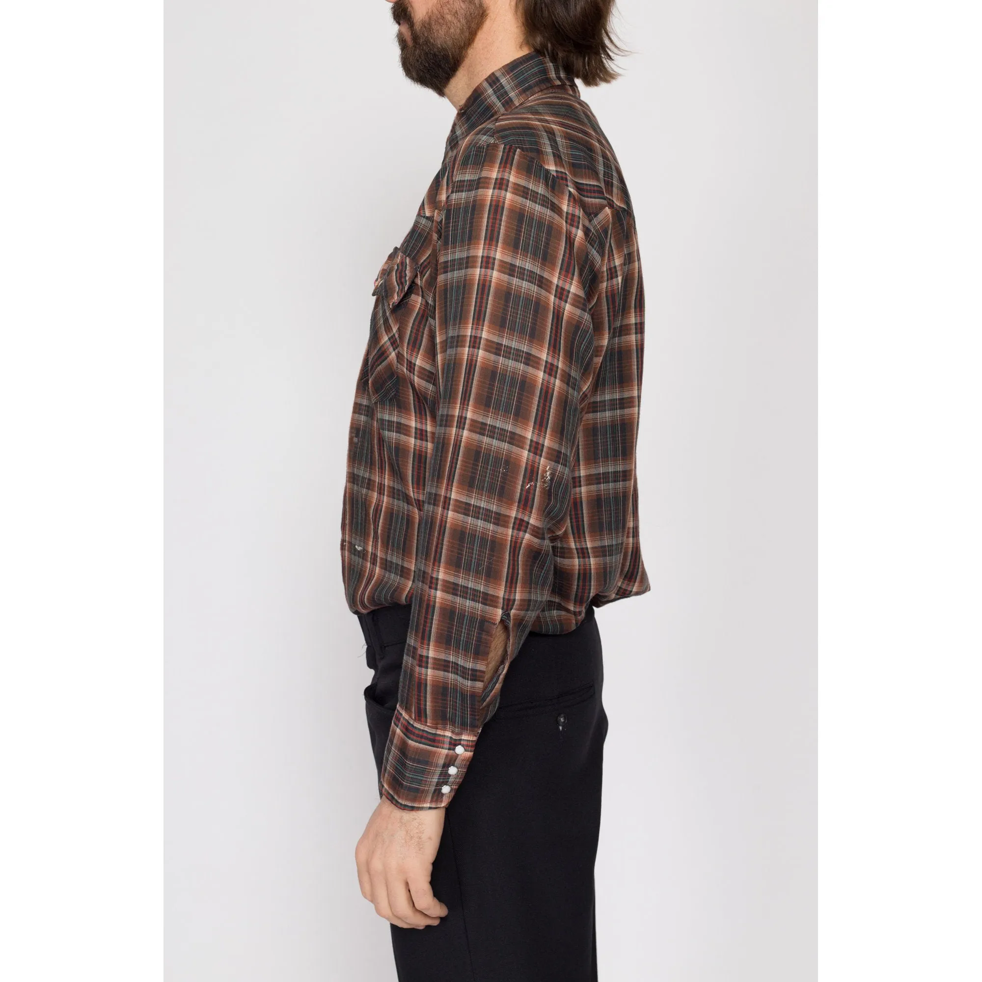 Large 70s Levi's Brown Plaid Pearl Snap Distressed Western Shirt