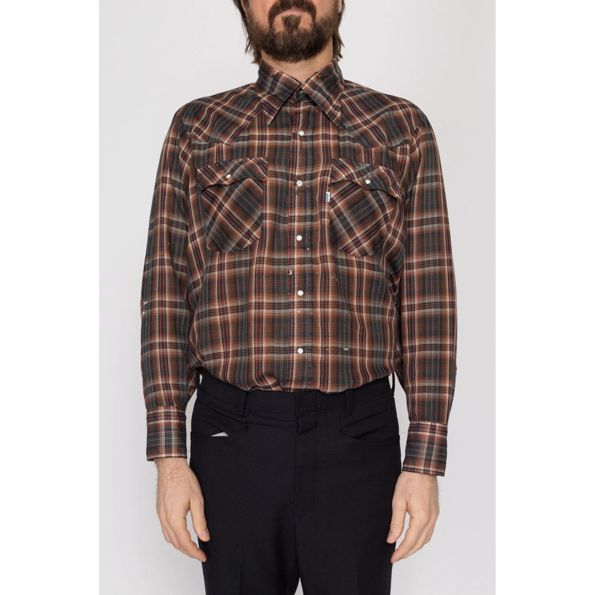 Large 70s Levi's Brown Plaid Pearl Snap Distressed Western Shirt