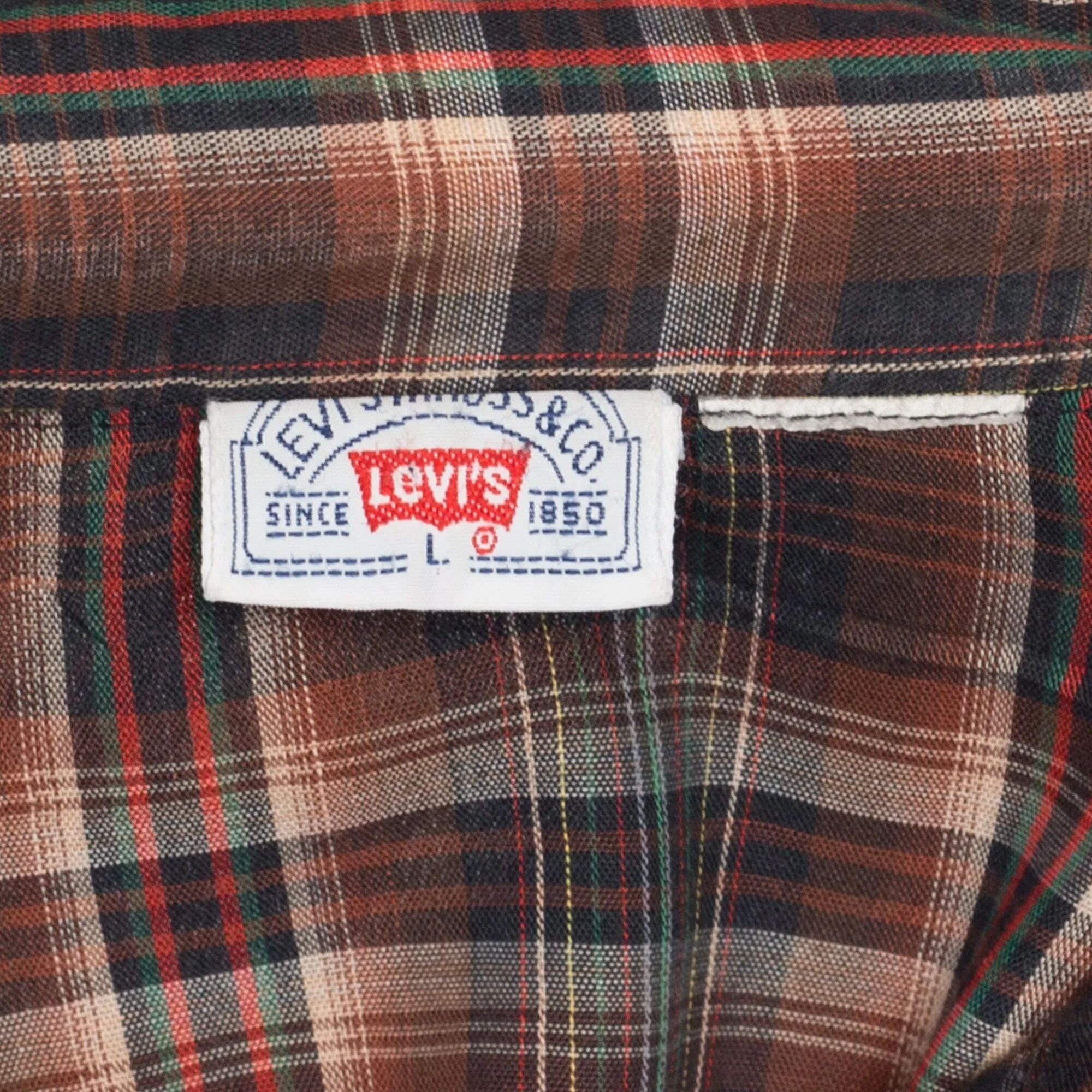 Large 70s Levi's Brown Plaid Pearl Snap Distressed Western Shirt
