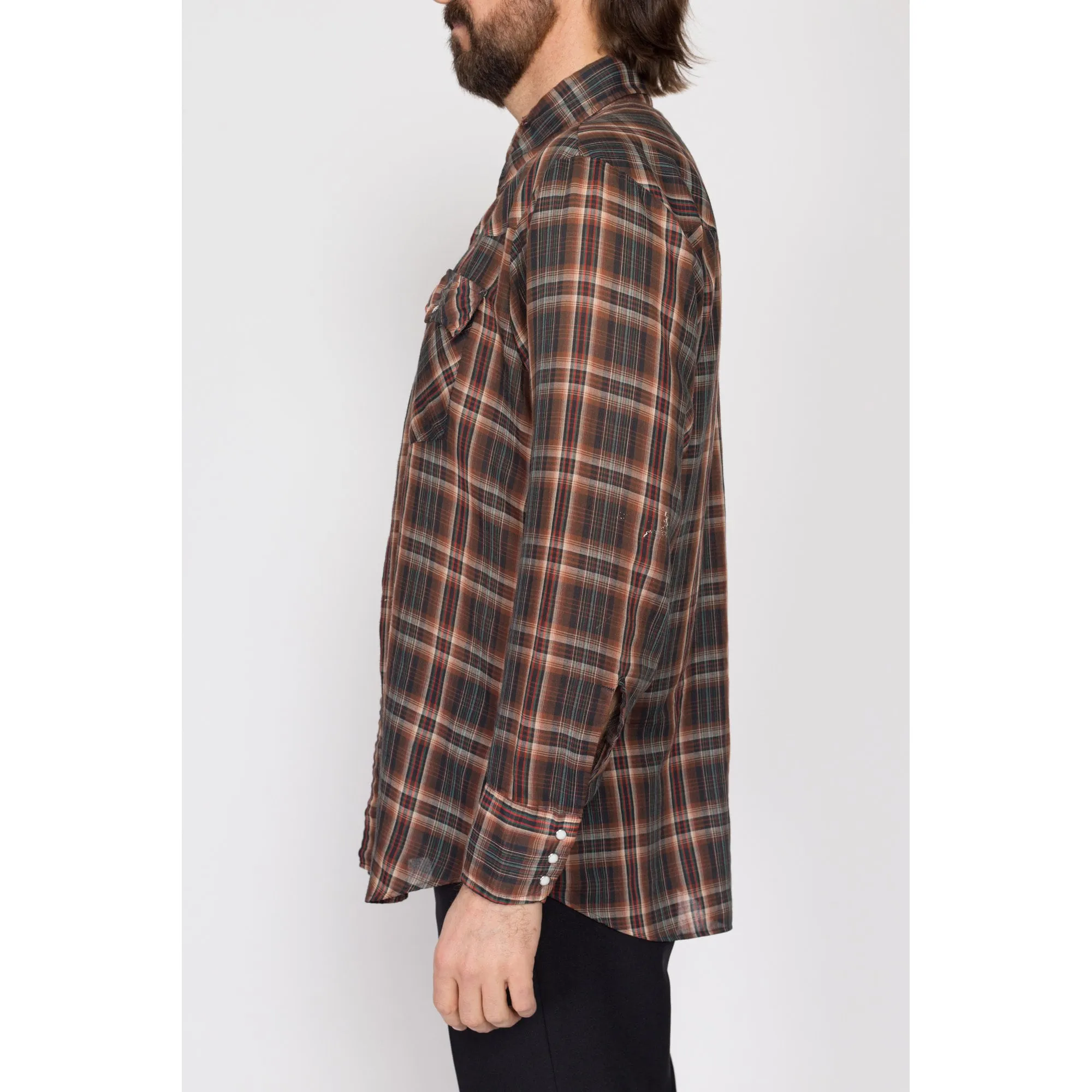 Large 70s Levi's Brown Plaid Pearl Snap Distressed Western Shirt