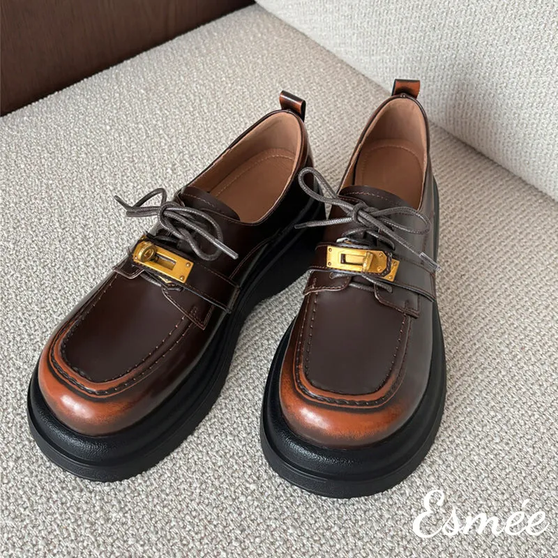 Leather Loafers with Thickened Outsole and Golden Plated Buckle