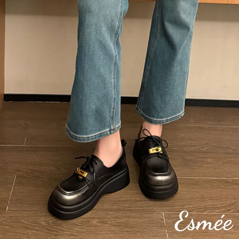 Leather Loafers with Thickened Outsole and Golden Plated Buckle