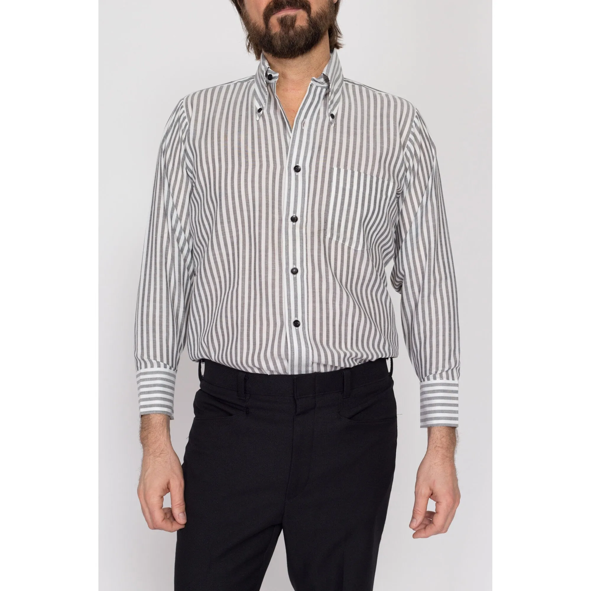 Medium 70s Grey & White Striped Collared Shirt