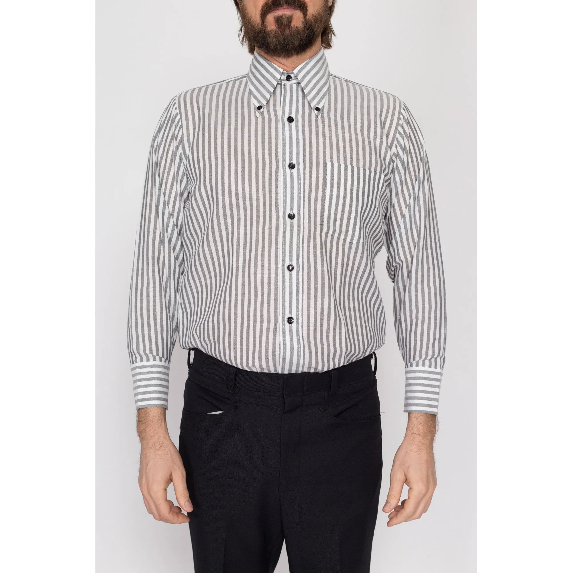 Medium 70s Grey & White Striped Collared Shirt