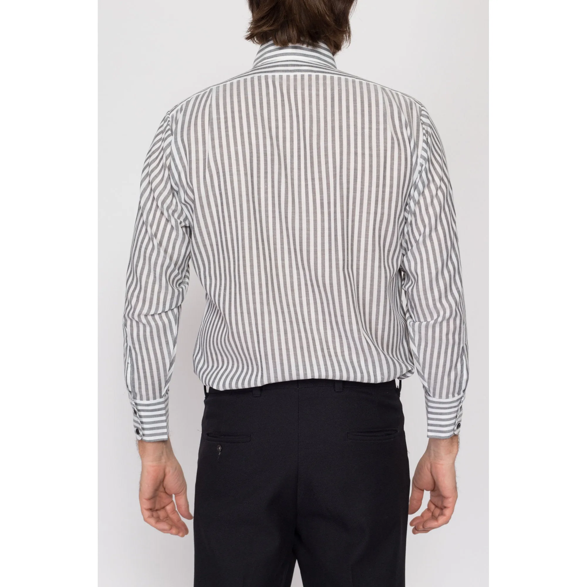 Medium 70s Grey & White Striped Collared Shirt
