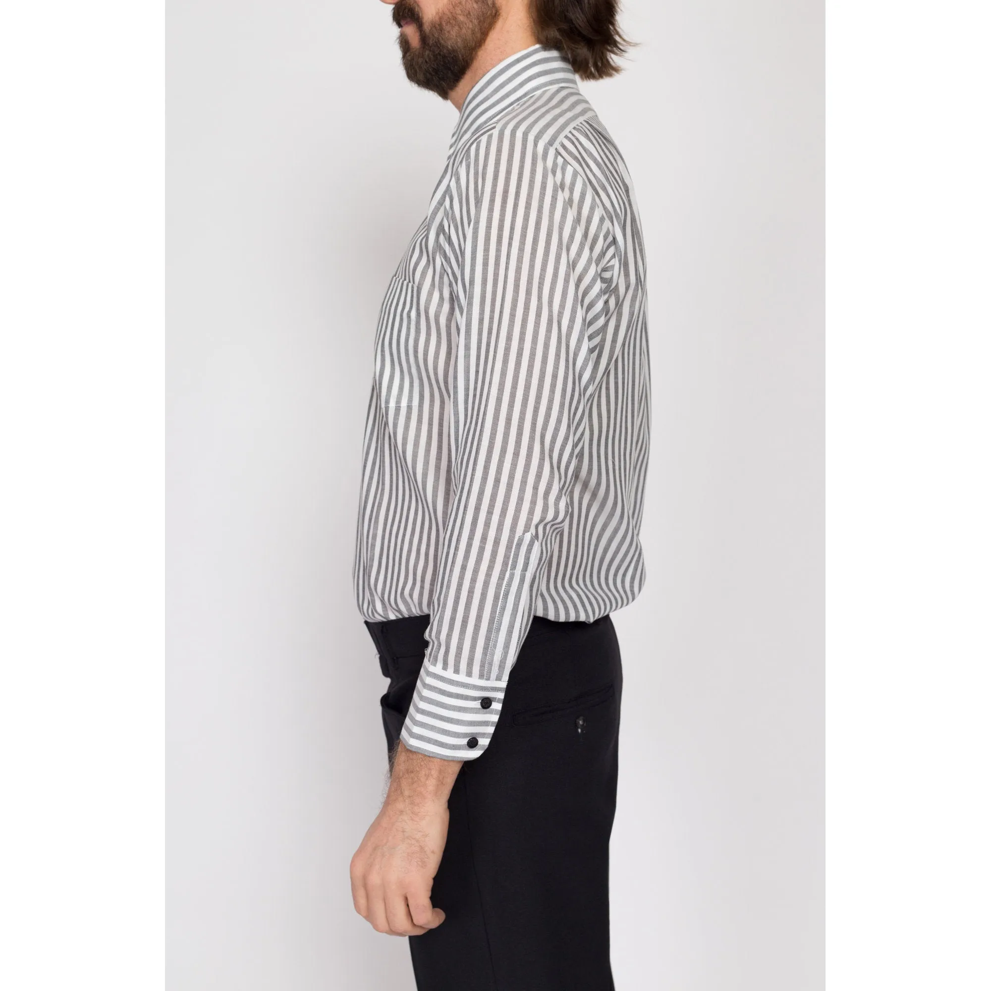 Medium 70s Grey & White Striped Collared Shirt