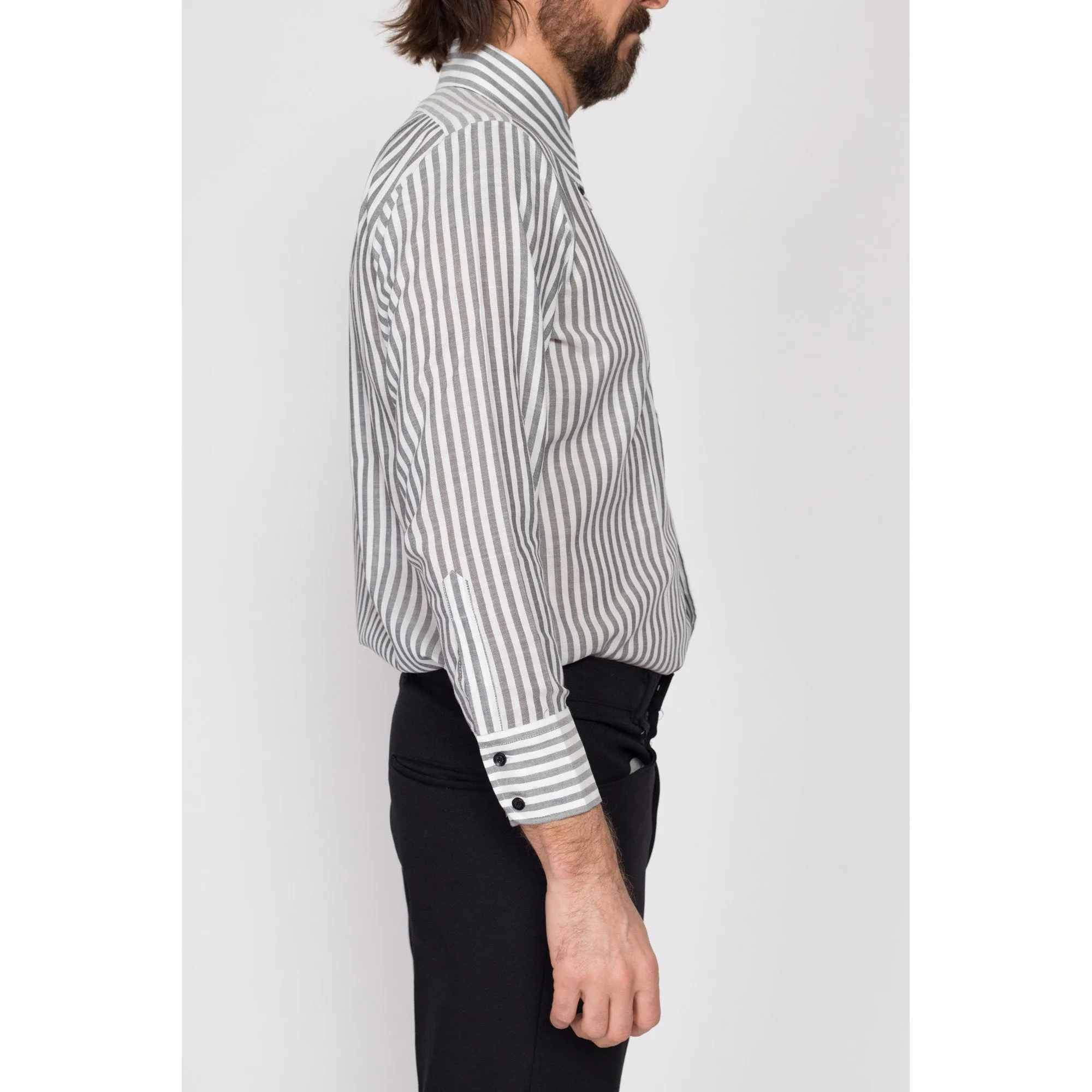 Medium 70s Grey & White Striped Collared Shirt