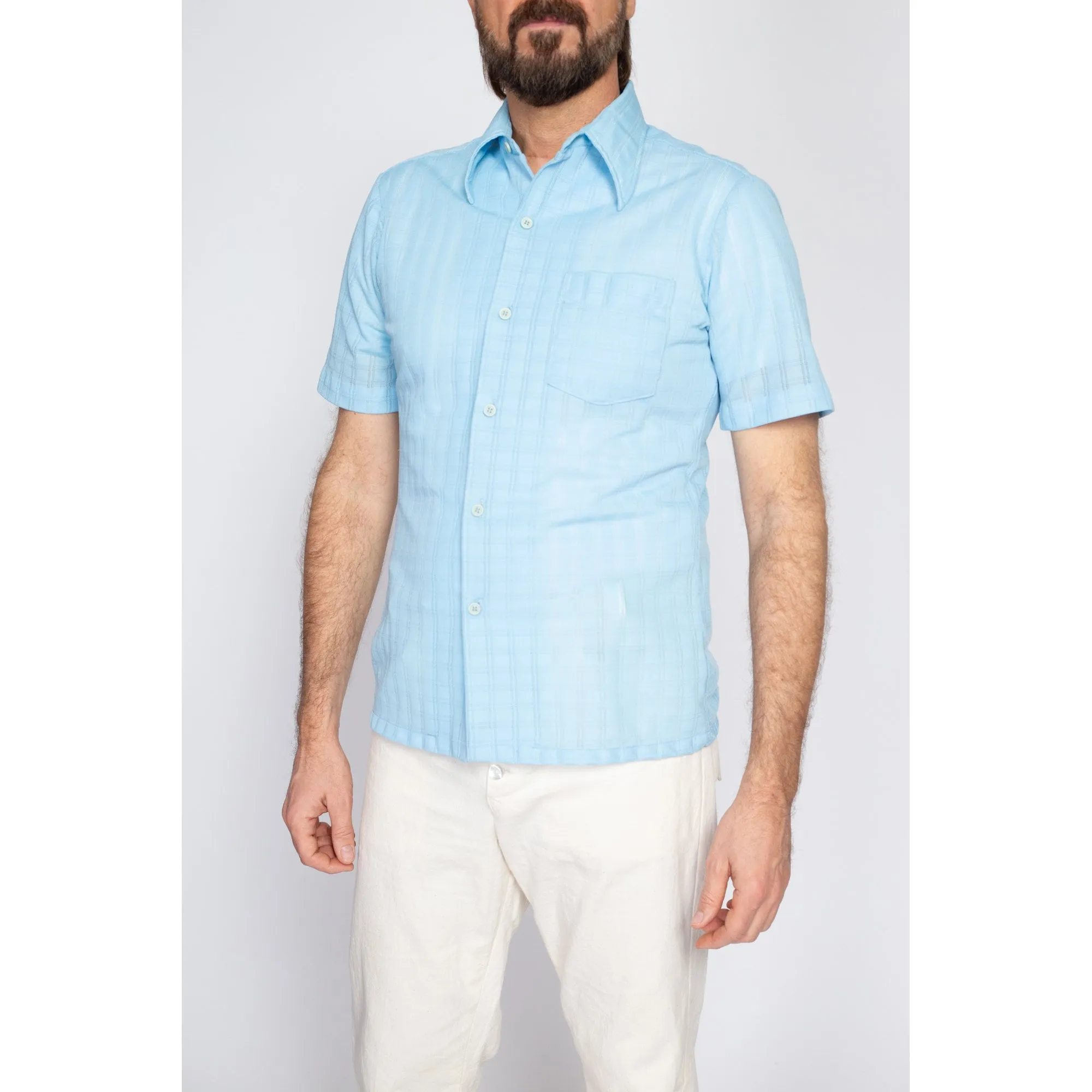 Medium 70s Sky Blue Knit Collared Shirt