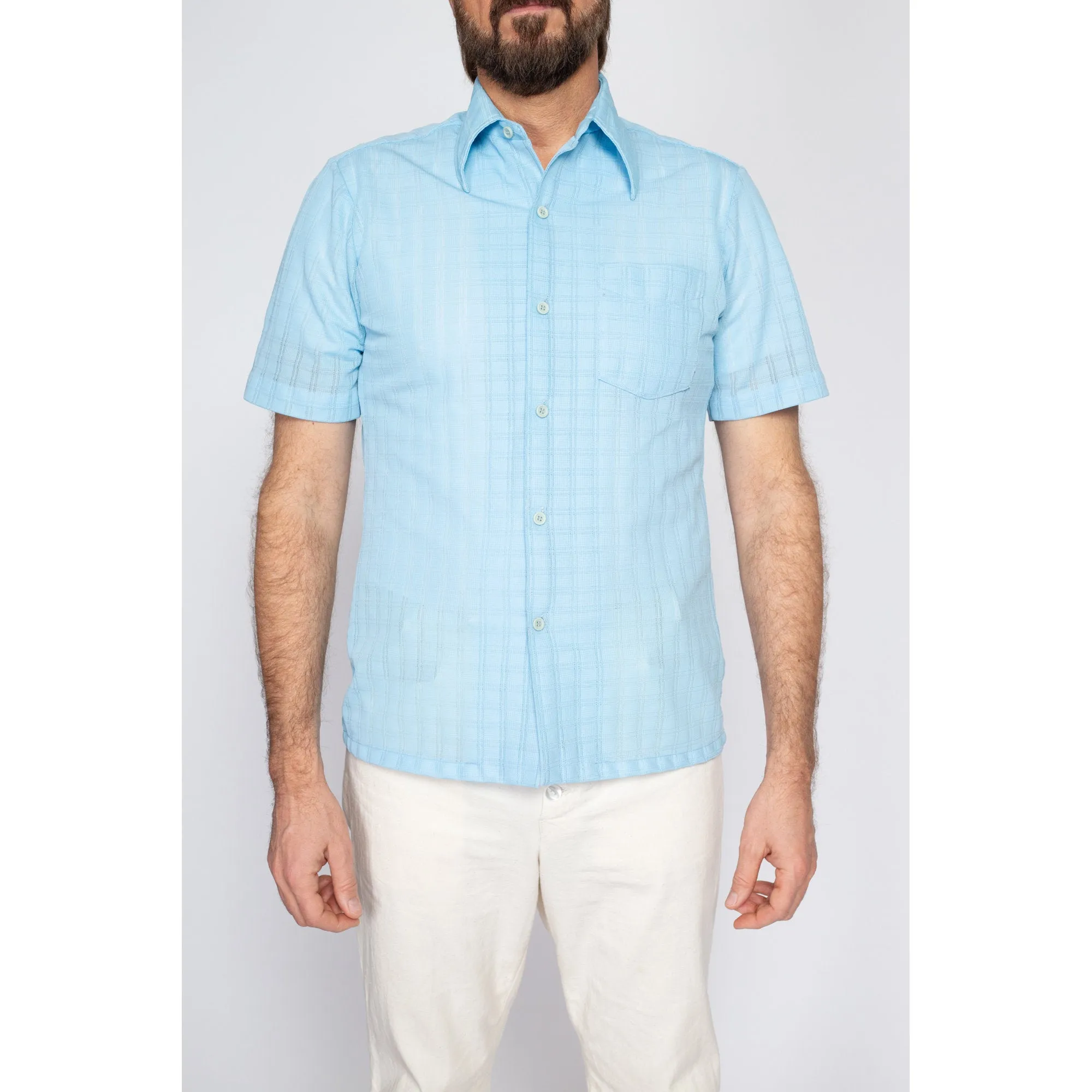 Medium 70s Sky Blue Knit Collared Shirt