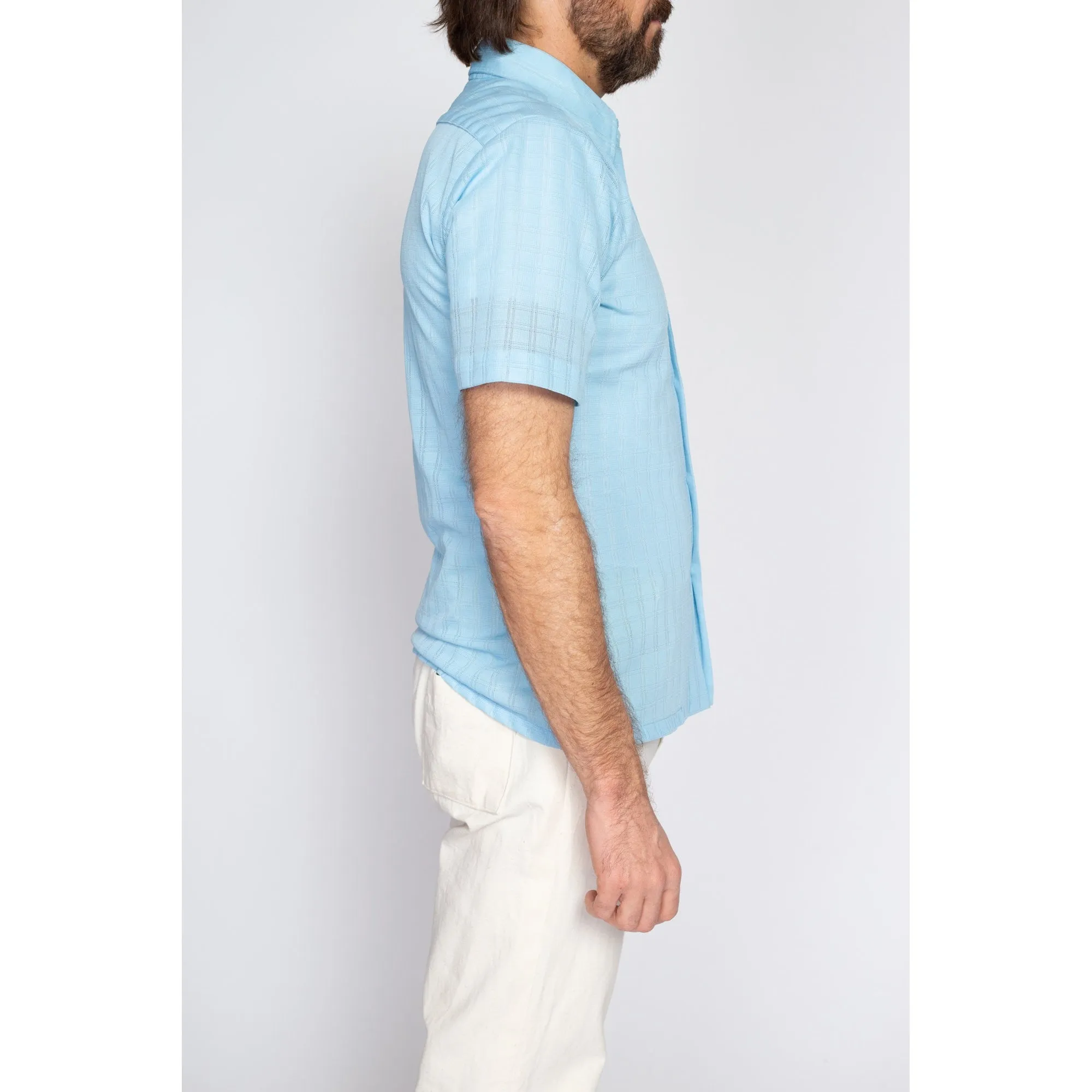 Medium 70s Sky Blue Knit Collared Shirt