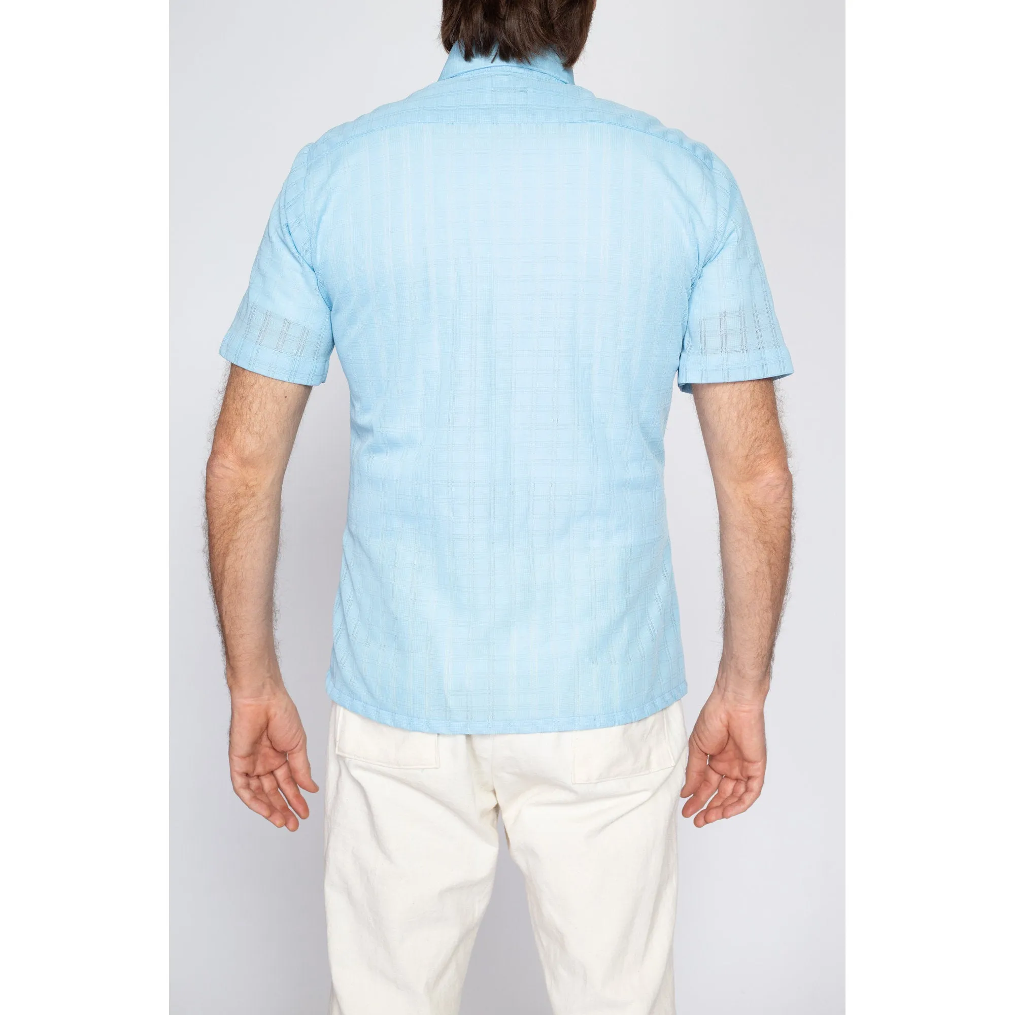 Medium 70s Sky Blue Knit Collared Shirt