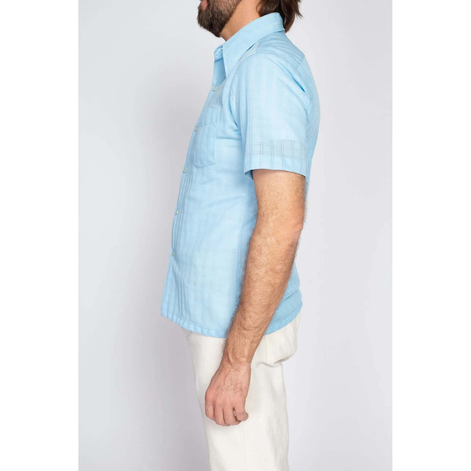 Medium 70s Sky Blue Knit Collared Shirt