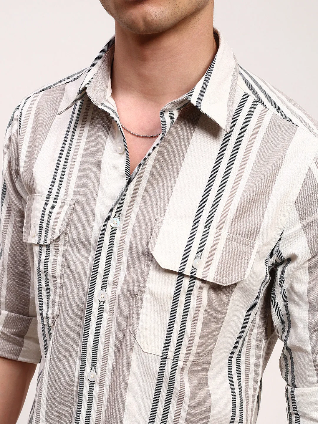 Men Beige Spread Collar Striped Shirt