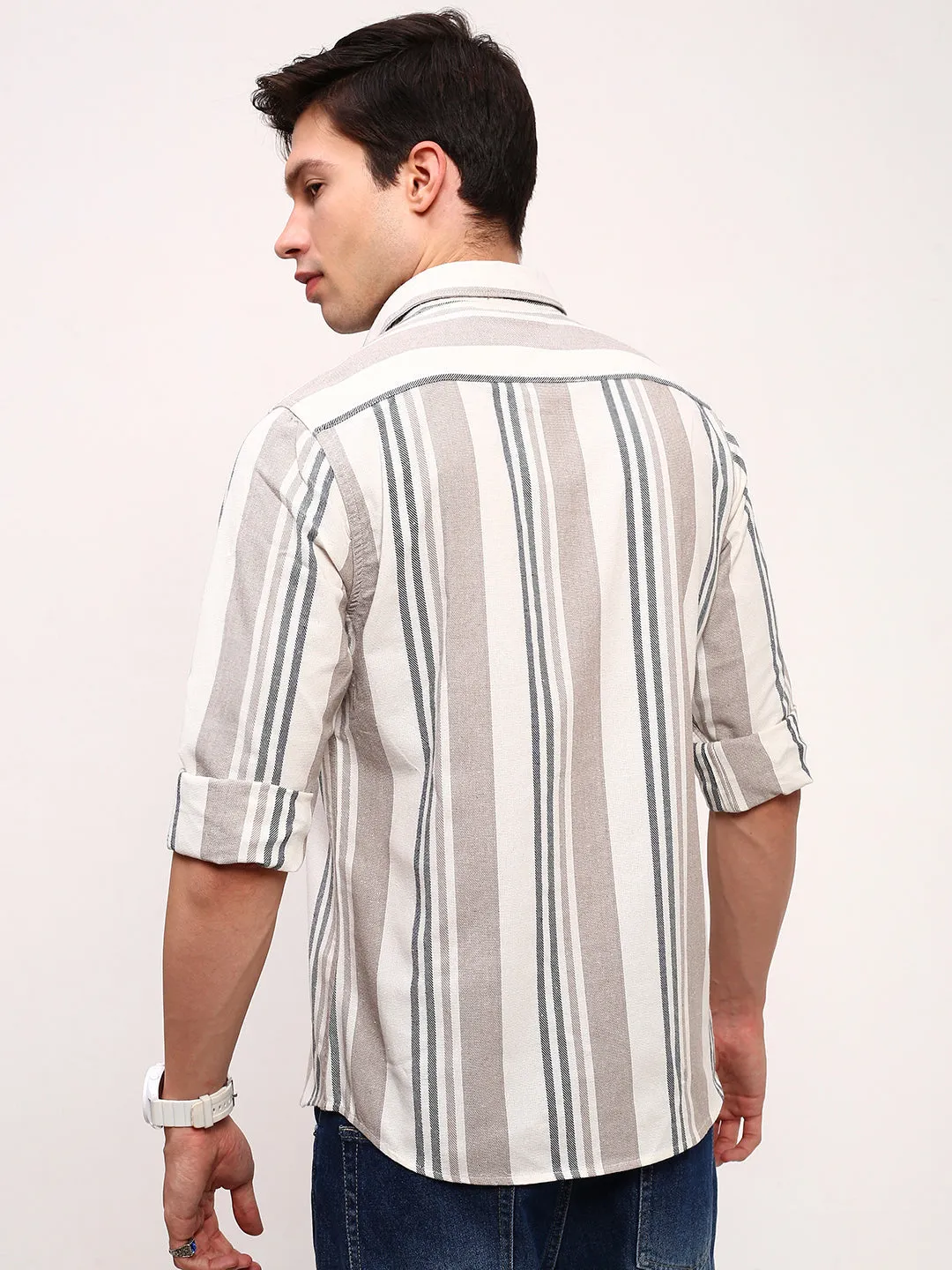 Men Beige Spread Collar Striped Shirt