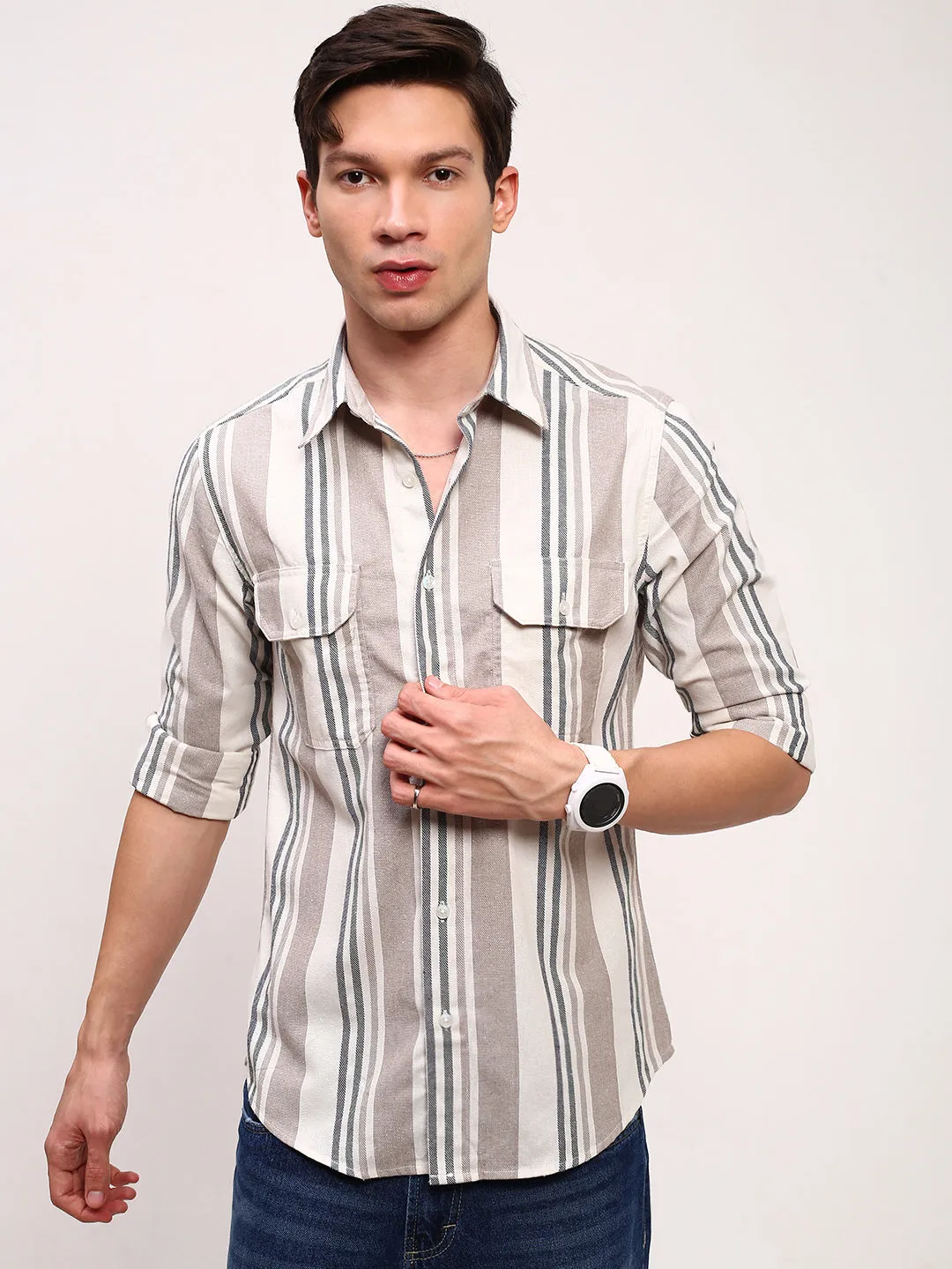Men Beige Spread Collar Striped Shirt
