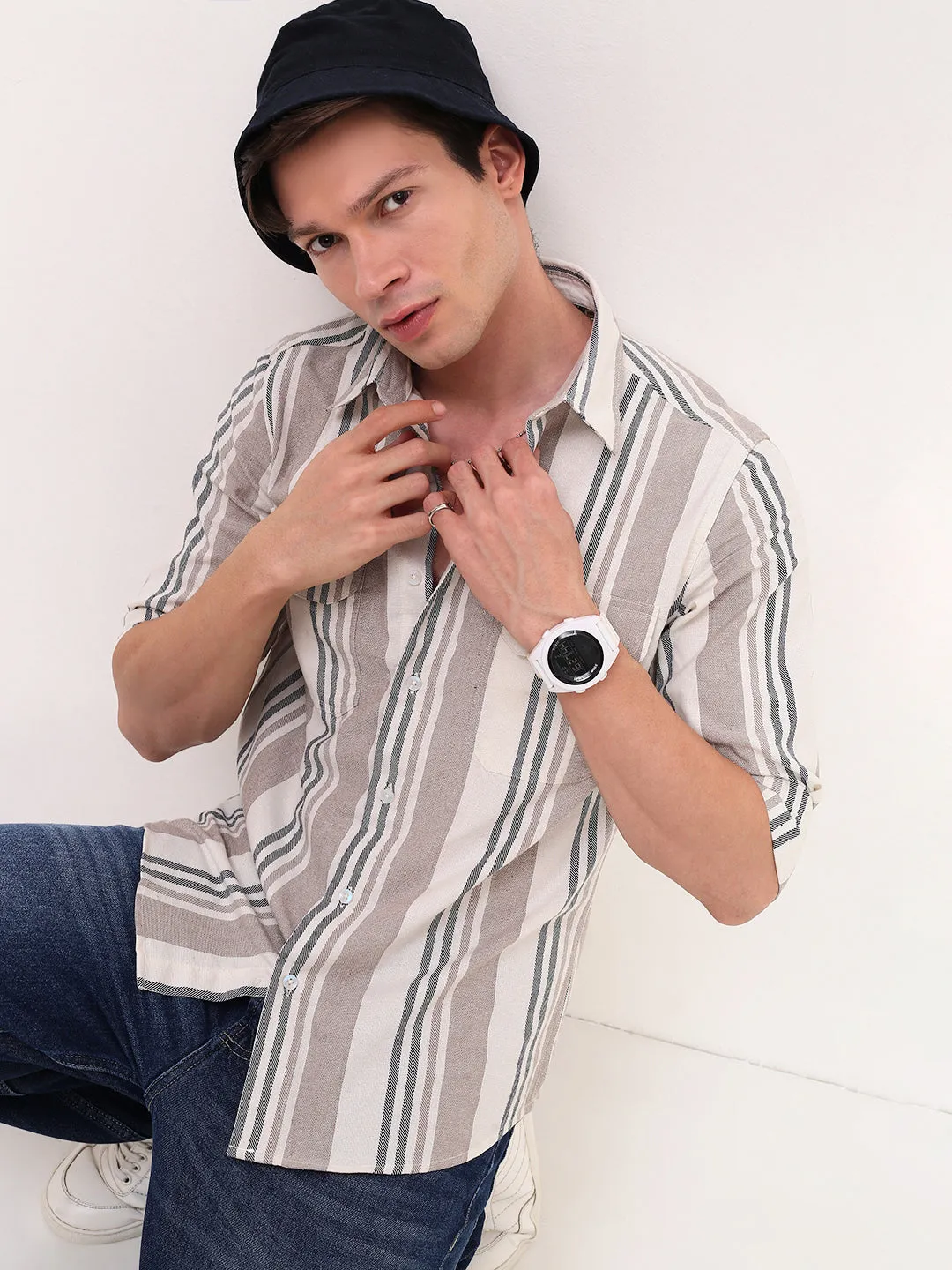 Men Beige Spread Collar Striped Shirt