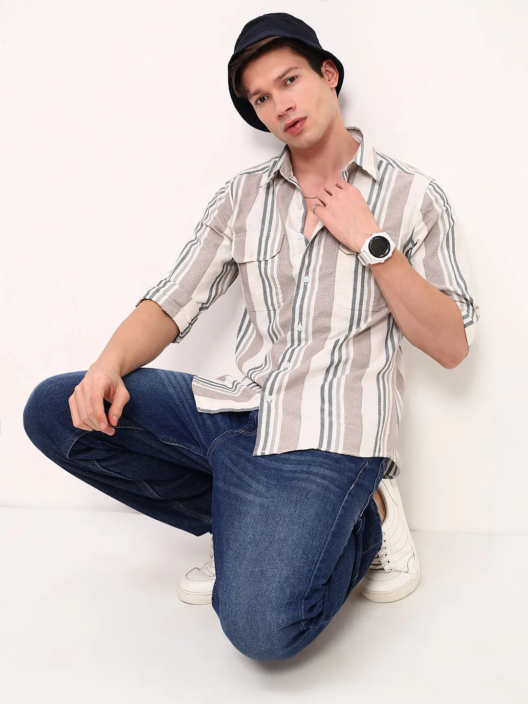 Men Beige Spread Collar Striped Shirt