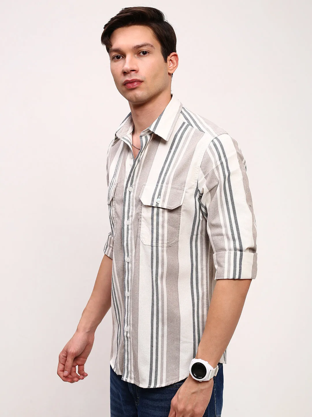 Men Beige Spread Collar Striped Shirt