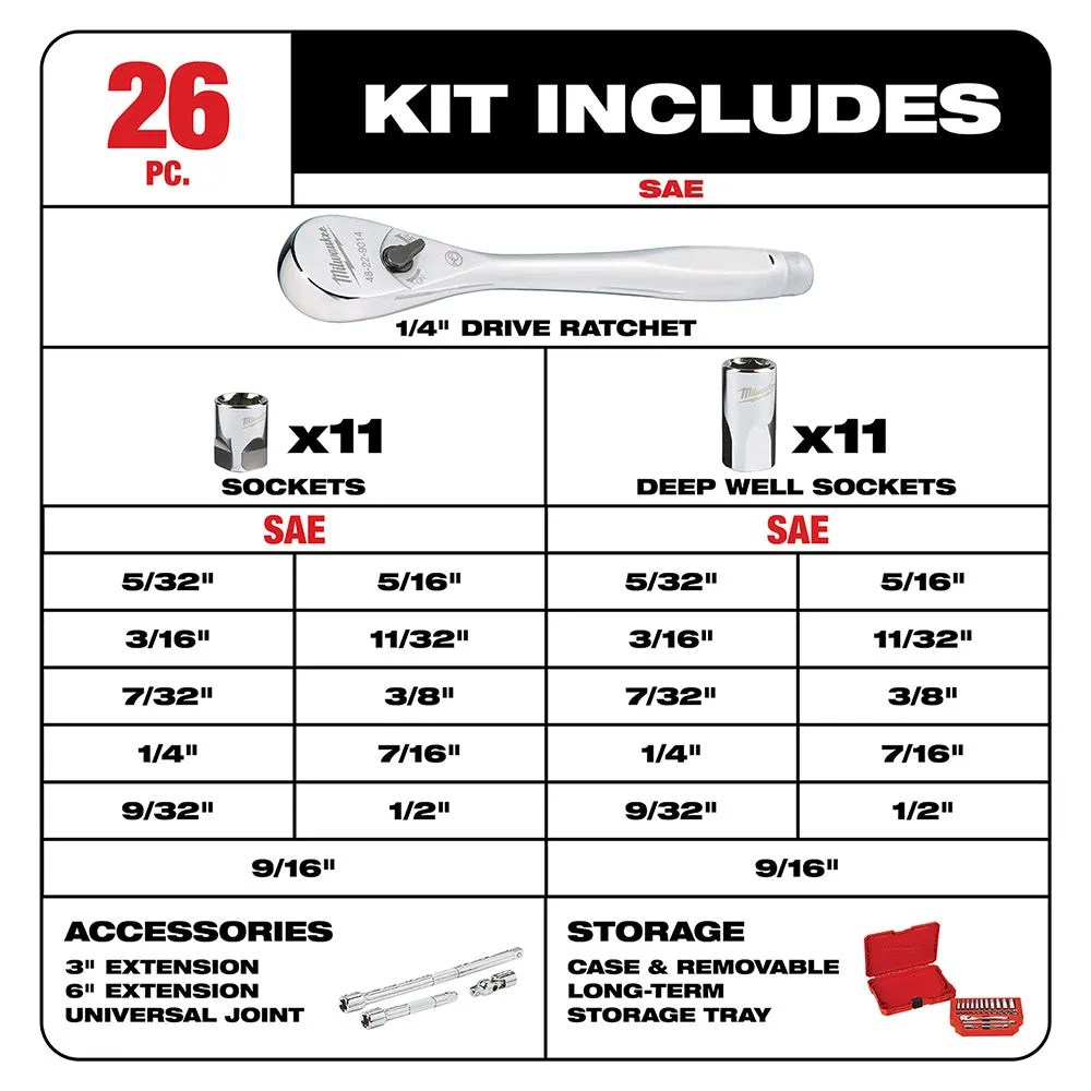 Milwaukee 48-22-9404 1/4" Drive 26 Piece Ratchet & Socket Set - SAE