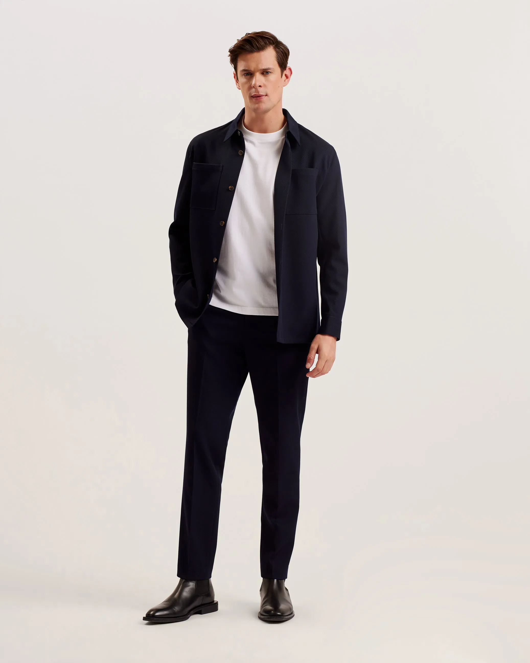 Nalfans Long Sleeve Wool Blend Twill Over Shirt Navy
