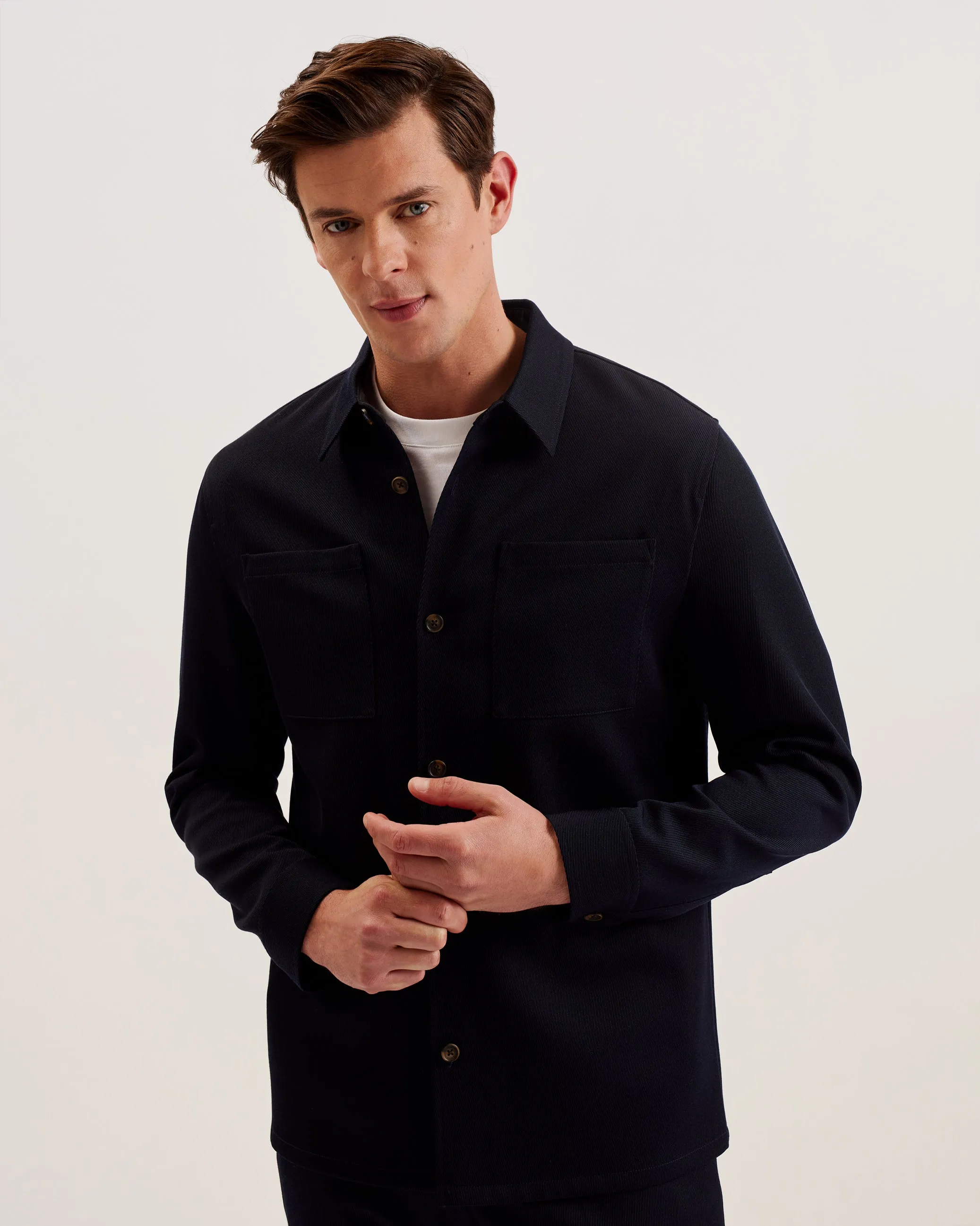 Nalfans Long Sleeve Wool Blend Twill Over Shirt Navy