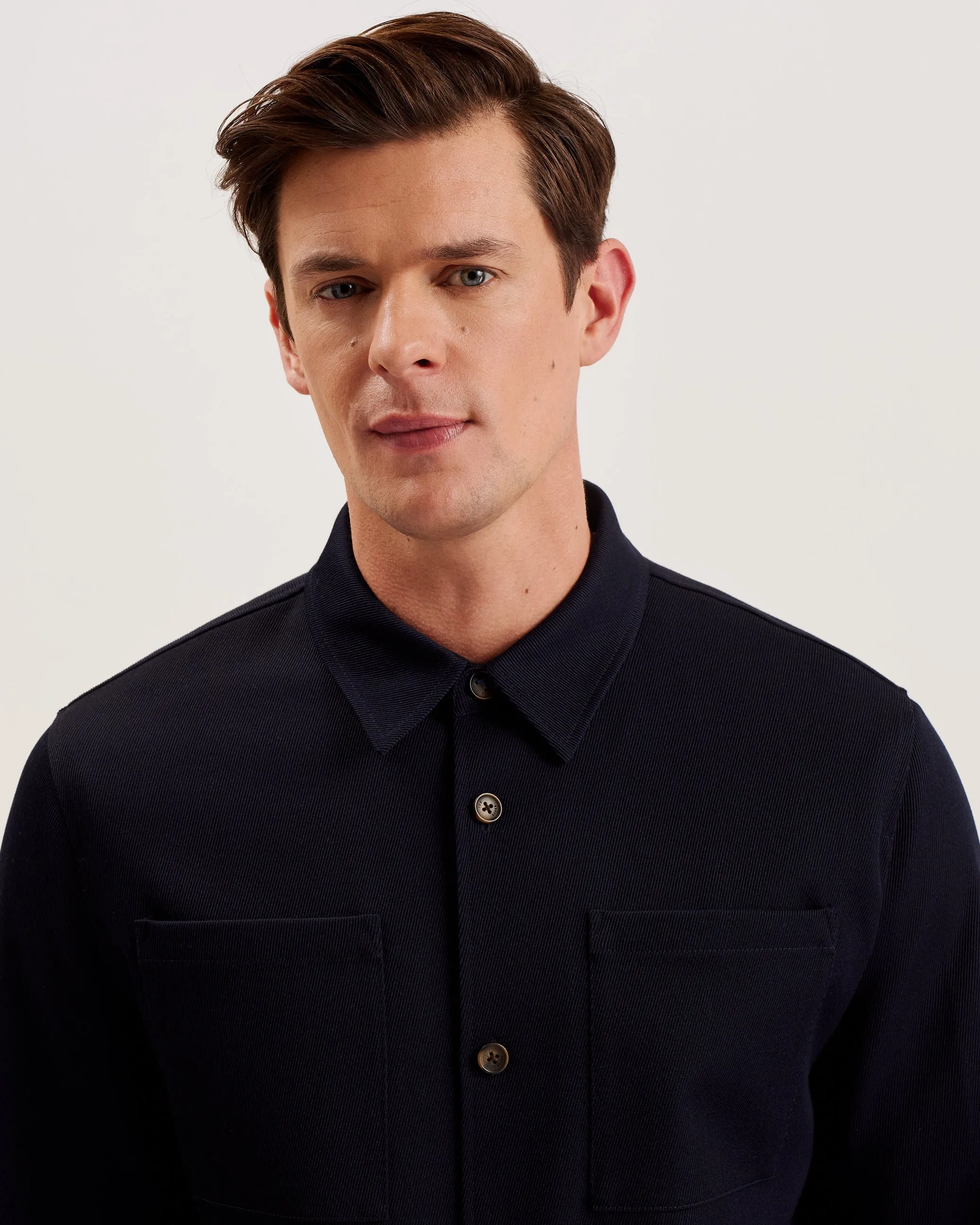 Nalfans Long Sleeve Wool Blend Twill Over Shirt Navy